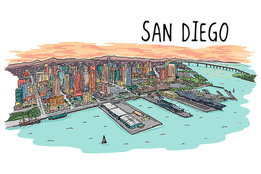 San Diego, California - Line Drawing - Lantern Press Postcard