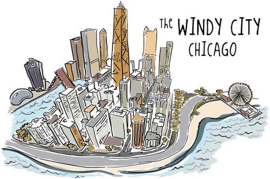 The Windy City - Chicago, Illinois - Cityscape - Line Drawing - Lantern Press Postcard