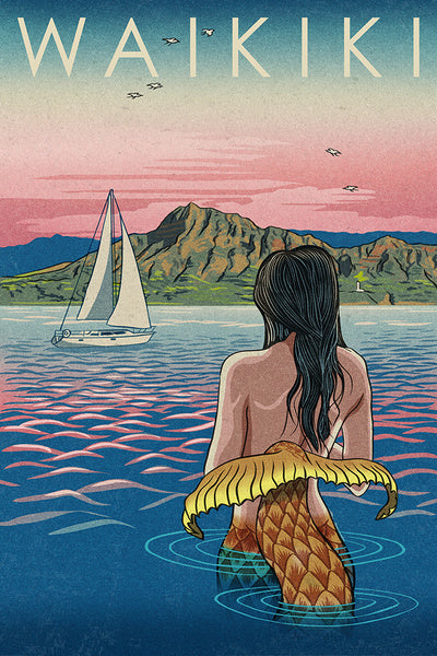 Waikiki, Hawaii - Mermaid Japanese Woodblock - Lantern Press Postcard