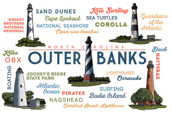 Outer Banks, North Carolina - Typography & Icons -  Lantern Press Postcard