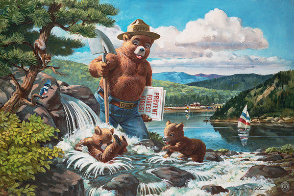 Smokey Bear - Playing in Falls with Cubs - Lantern Press Postcard