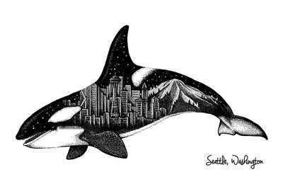 Seattle, Washington - Orca and Seattle Skyline Double Exposure - Lantern Press Postcard