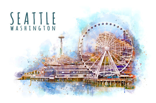 Seattle Skyline - Ferris Wheel - Watercolor - Lantern Press Postcard