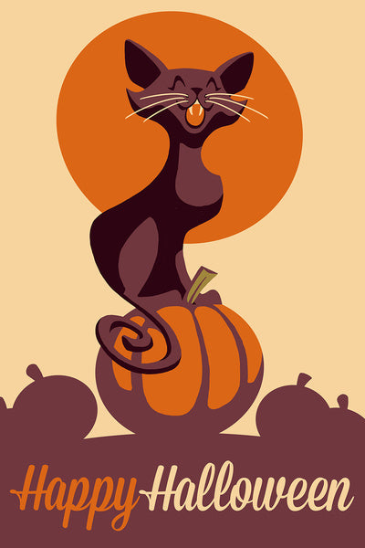 Black Cat - Retro Halloween - Lantern Press Postcard