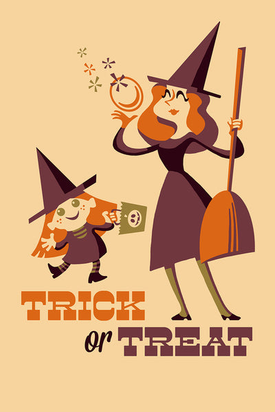 Trick or Treat - Mom & Daughter - Retro Halloween - Lantern Press Postcard