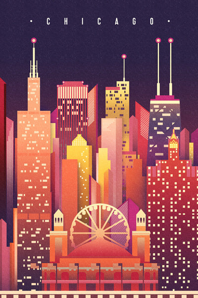 Chicago, Illinois - Neon Skyline - Lantern Press Postcard