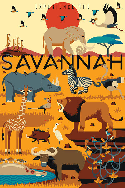 Savannah Animals - Textured Geometric - Experience the Savannah - Lantern Press Postcard