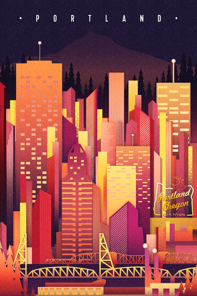 Portland, Oregon - Neon Skyline - Lantern Press Postcard