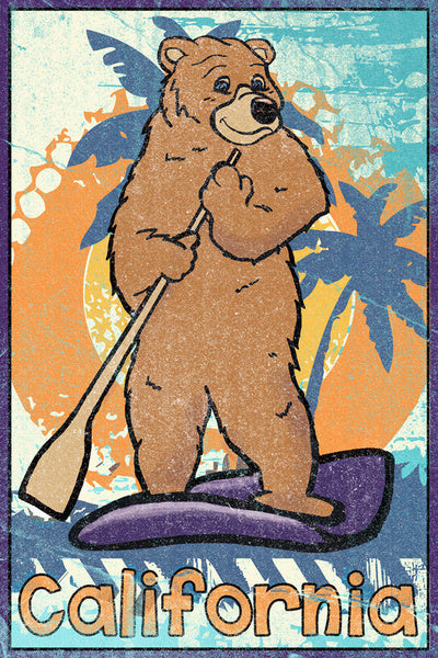 California - Cartoon Bear on Paddle Board - Lantern Press Postcard