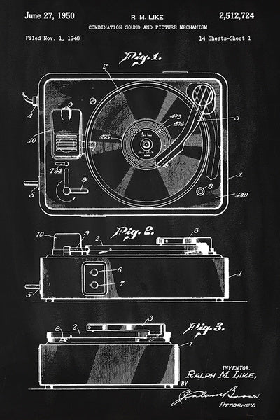 Blackboard Patent - Record Player - Lantern Press Postcard