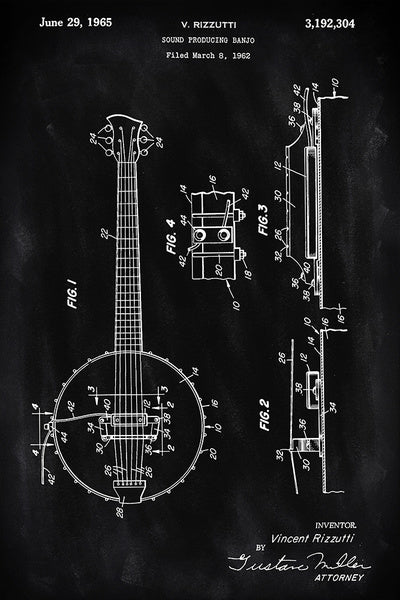 Blackboard Patent - Banjo - Lantern Press Postcard