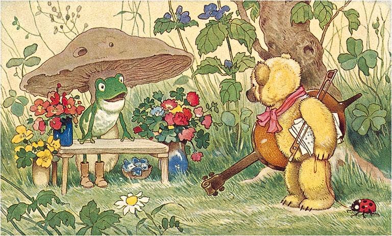 Frog Flower Seller and Bear Cellist - Found Image postcard