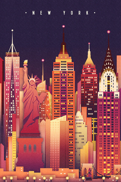 New York City, New York - Neon Skyline (Empire State Building Center) - Neon Skyline - Lantern Press Postcard