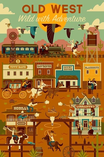 Old West - Western Town Geometric - Lantern Press Postcard