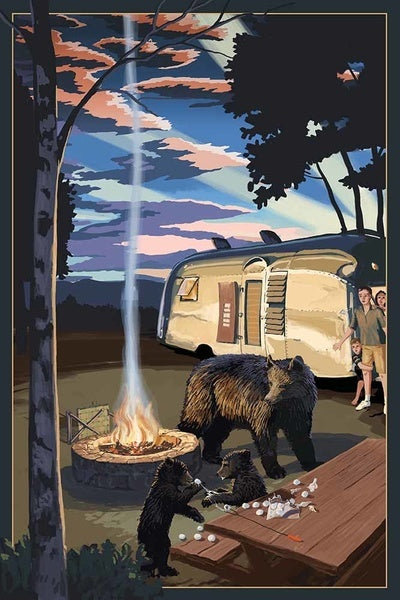 Retro Camper & Lake with Bear Family - Lantern Press Postcard