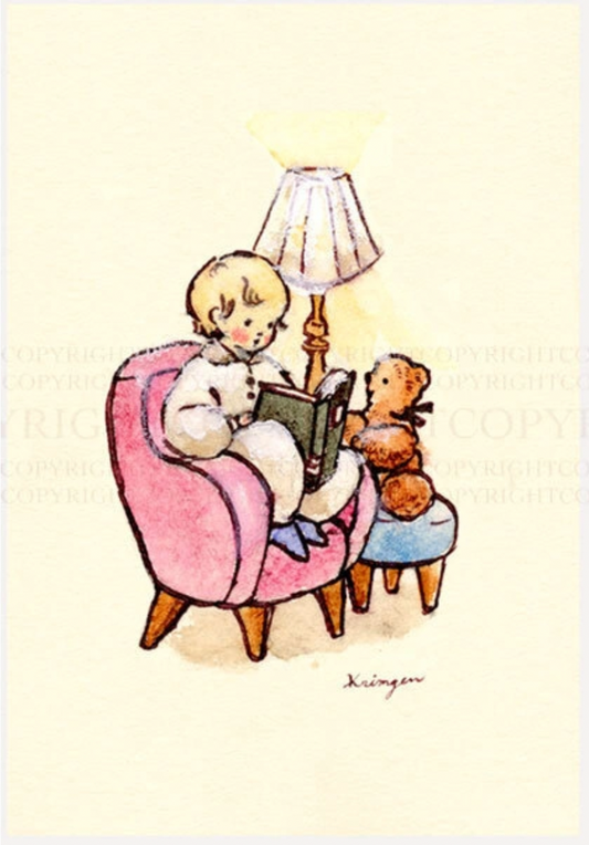 Read a book on a pink sofa - Krimgen postcard