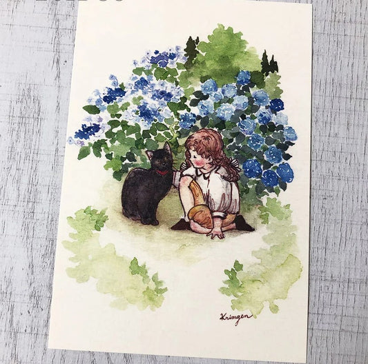 Ajisai & Black Cat 紫陽花と黒猫 - Krimgen postcard