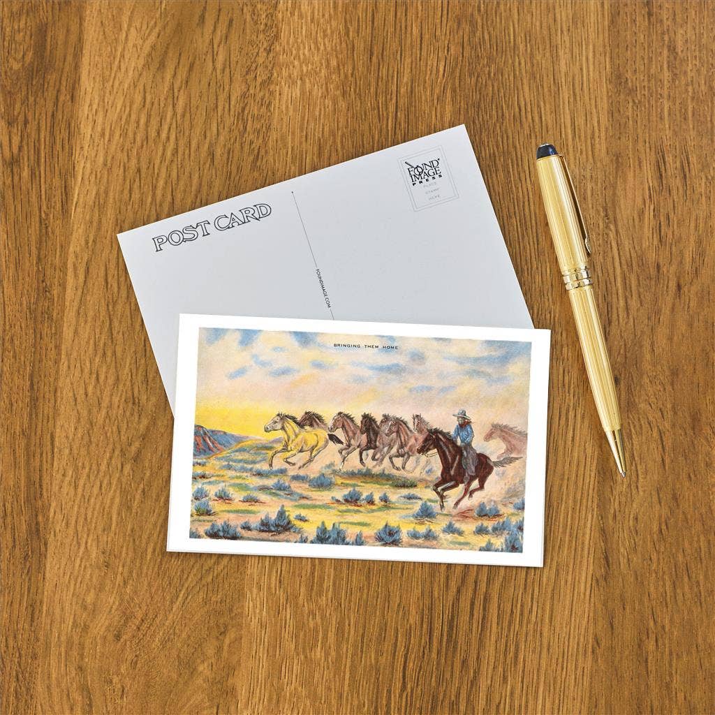 Cowboy Herding Wild Horses - Found Image postcard