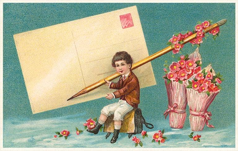 Boy Addressing Giant Postcard - Found Image postcard