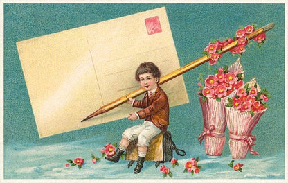 Boy Addressing Giant Postcard - Found Image postcard