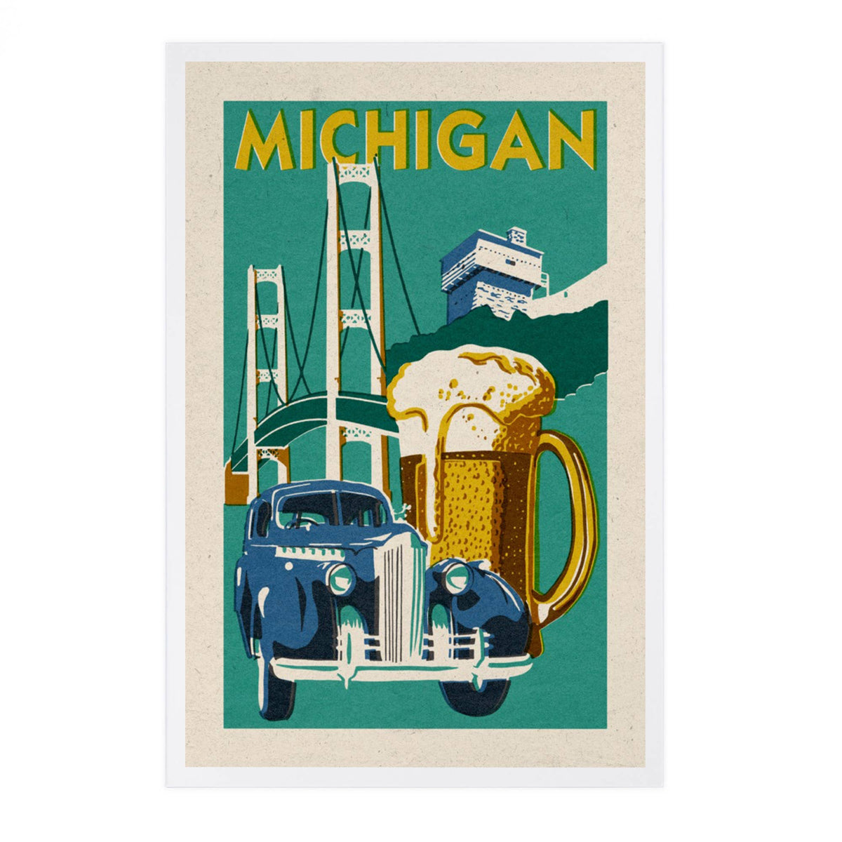 Michigan, Woodblock - Lantern Press Postcard