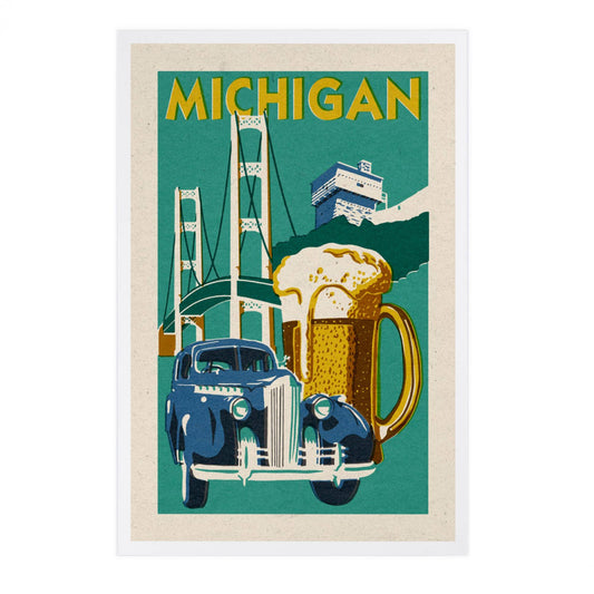 Michigan, Woodblock - Lantern Press Postcard