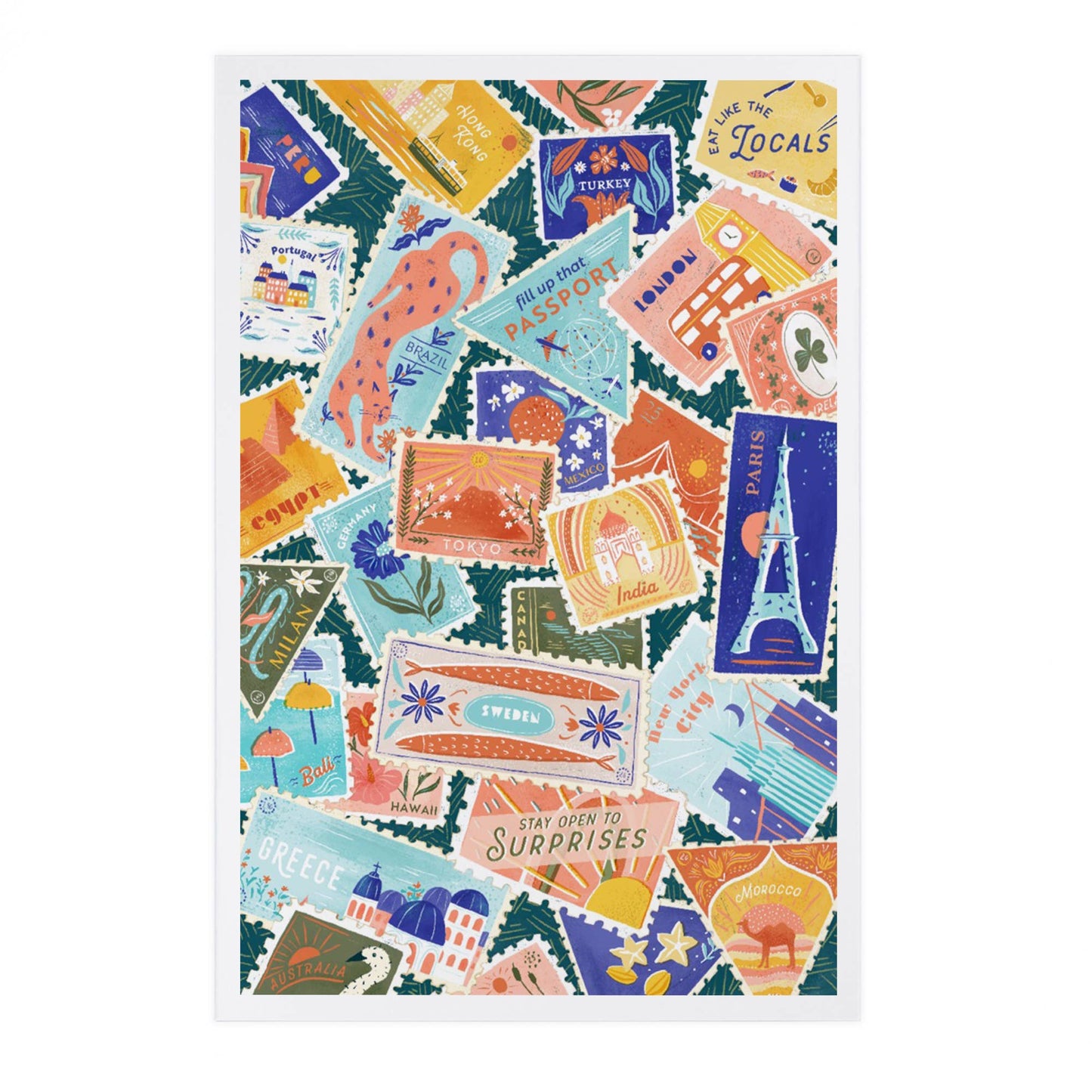 Well Traveled, Travel Stamp Collage - Lantern Press Postcard