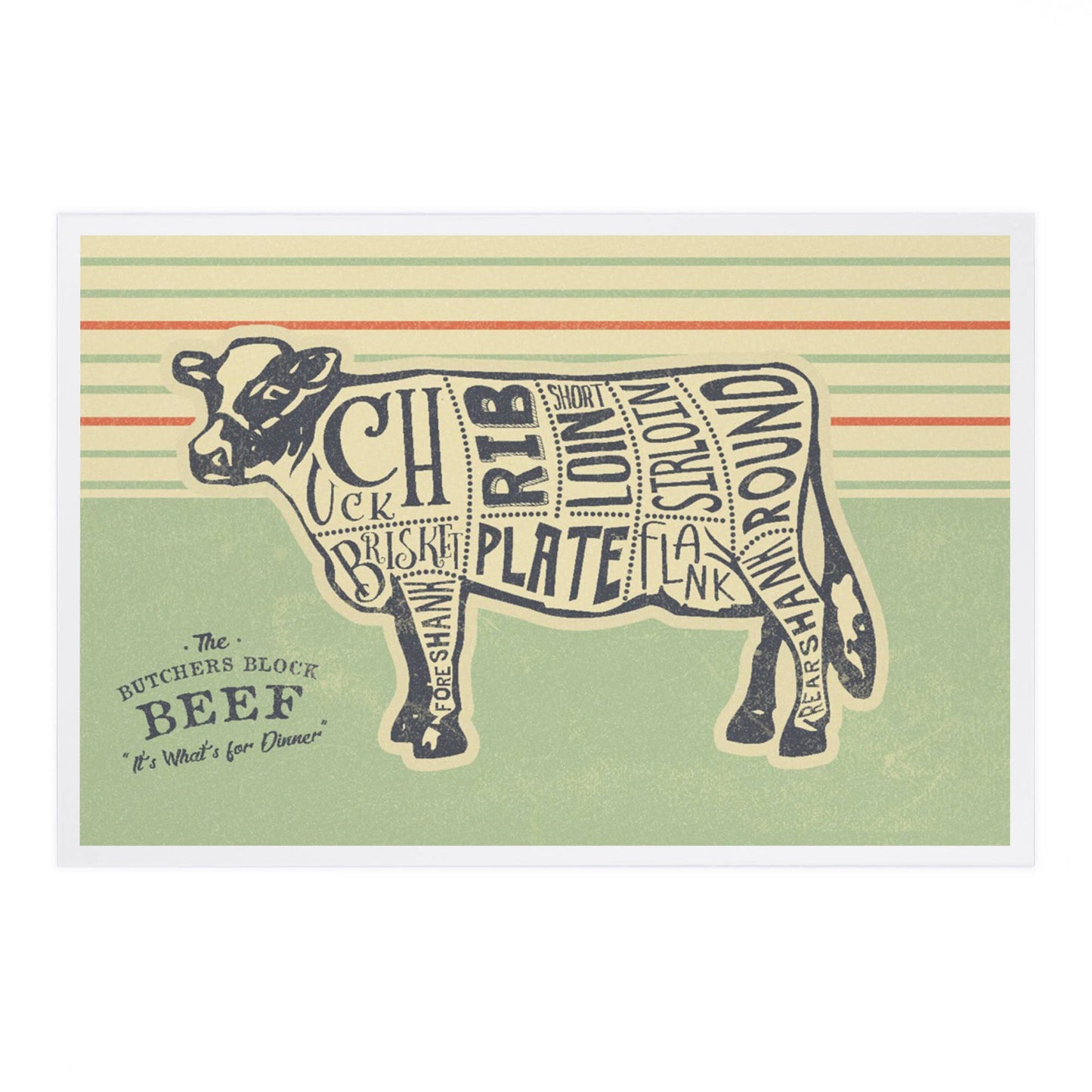 Beef, Butchers Block Meat Cuts  - Lantern Press Postcard
