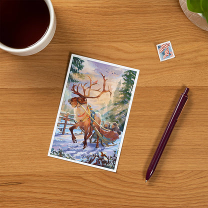 Sleigh Ride Reindeer Christmas - Lantern Press Postcard