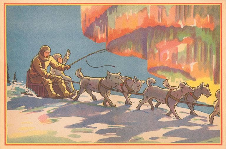 Sled Dogs and Aurora Borealis - Found Image postcard