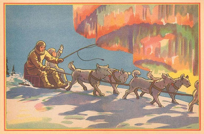 Sled Dogs and Aurora Borealis - Found Image postcard