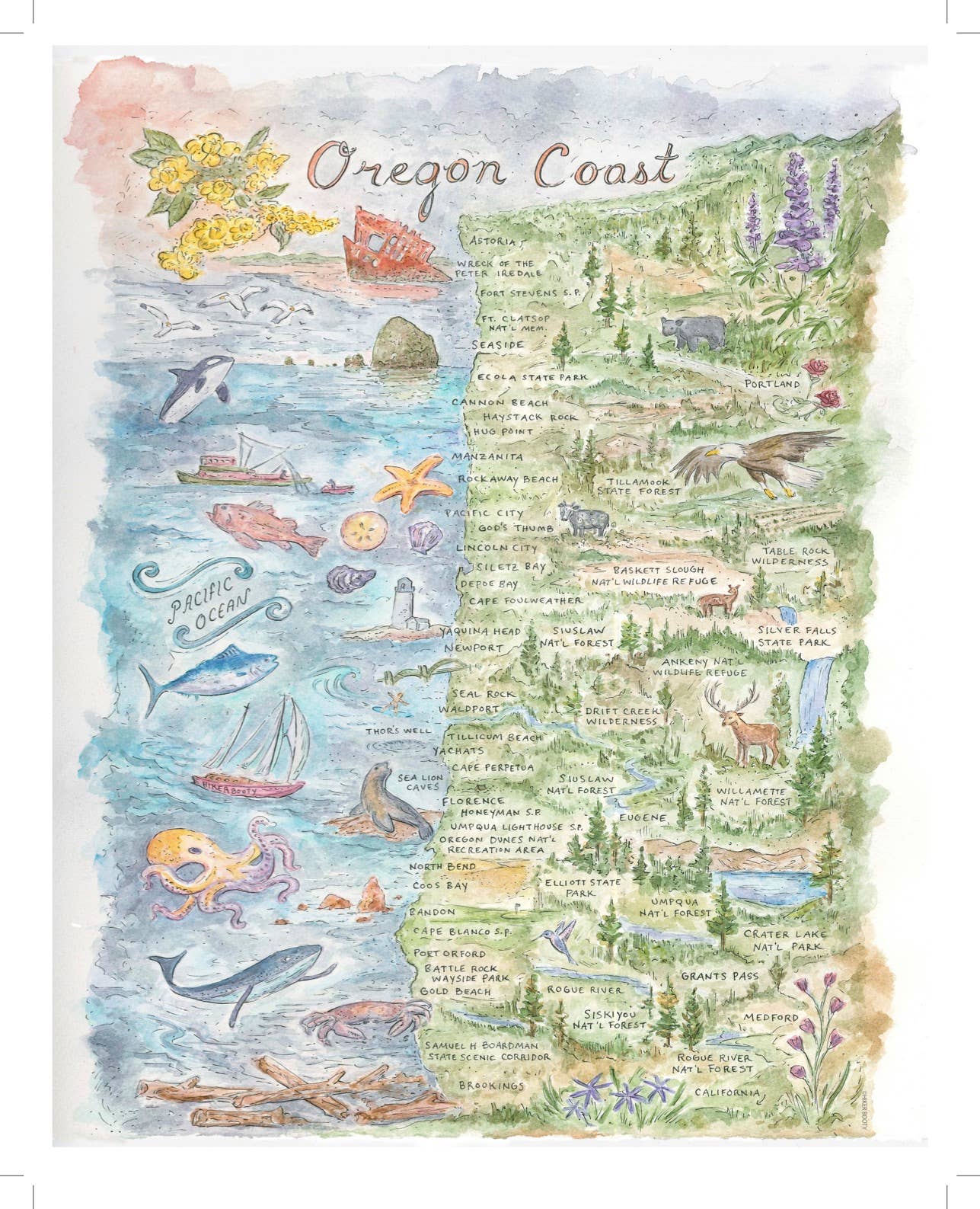 Oregon Coast Map - Hiker Booty Postcard