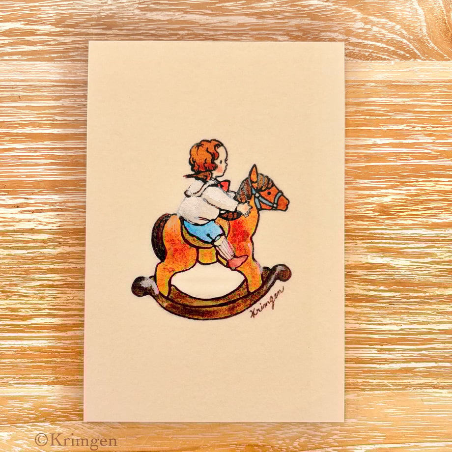 Boy riding a rocking horse - Krimgen postcard