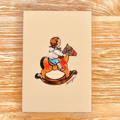 Boy riding a rocking horse - Krimgen postcard