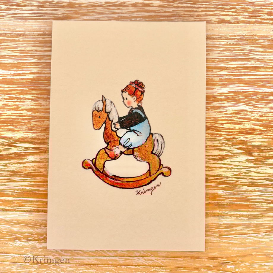 Girl riding a rocking horse - Krimgen postcard