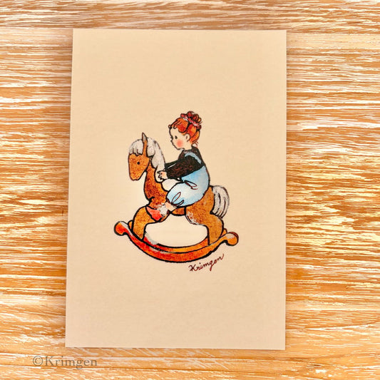 Girl riding a rocking horse - Krimgen postcard