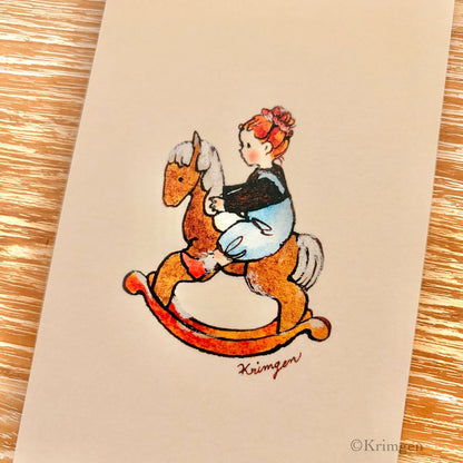 Girl riding a rocking horse - Krimgen postcard