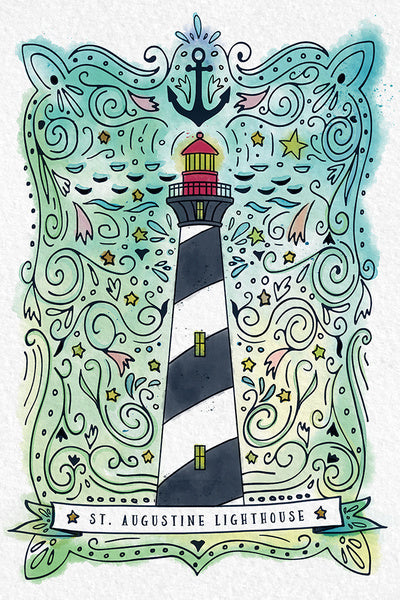 St. Augustine, Florida - Watercolor - Nautical Lighthouse - Lantern Press Postcard