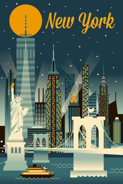 New York City - Retro Skyline Series - Lantern Press Postcard