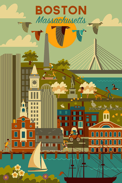 Boston, Massachusetts - Geometric City Series - Lantern Press Postcard