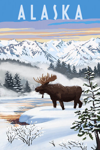 Alaska - Moose - Winter Scene - Lantern Press Postcard