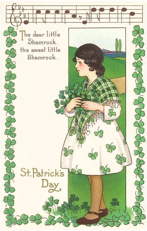 St. Patrick's Day Song with Girl Holding Shamrocks - Vintage Image, Postcard