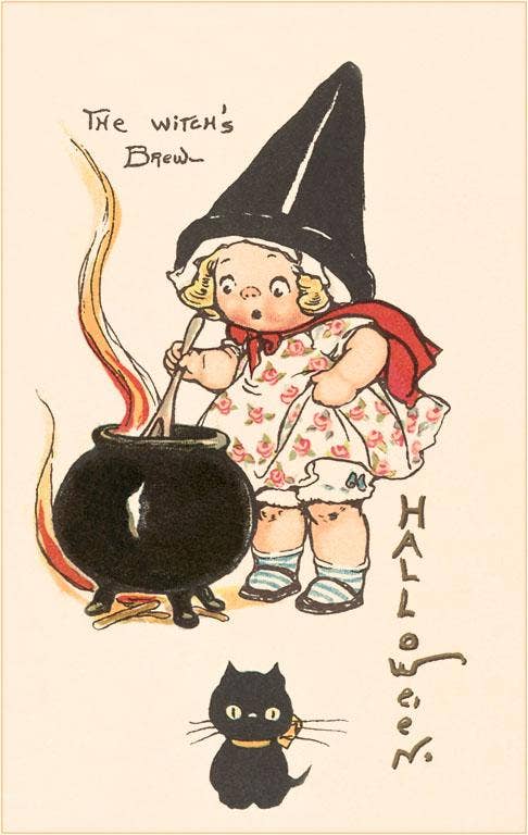 Child Witch with Cauldron - Vintage Image, Postcard