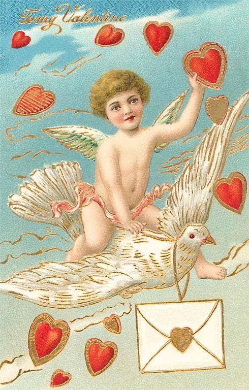 To My Valentine, Cupid Riding Dove - Vintage Image, Postcard