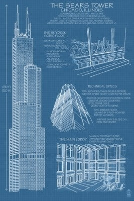 Chicago, Illinois - Willis Tower Blue Print - Lantern Press Postcard