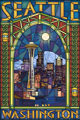 Seattle, Washington - Stained Glass Window - Lantern Press Postcard