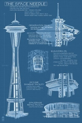 Seattle, Washington - Space Needle Technical Drawing (Blueprint) - Lantern Press Artwork Postcard