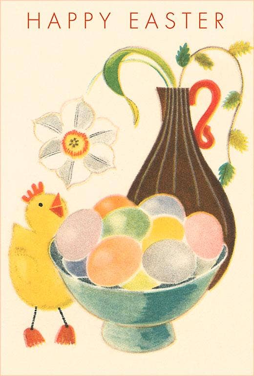 Happy Easter, Chicken, Eggs and Vase - Vintage Image, Postcard