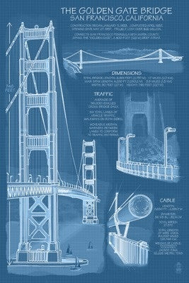 Golden Gate Bridge - Technical (Blueprint) - Lantern Press Postcard