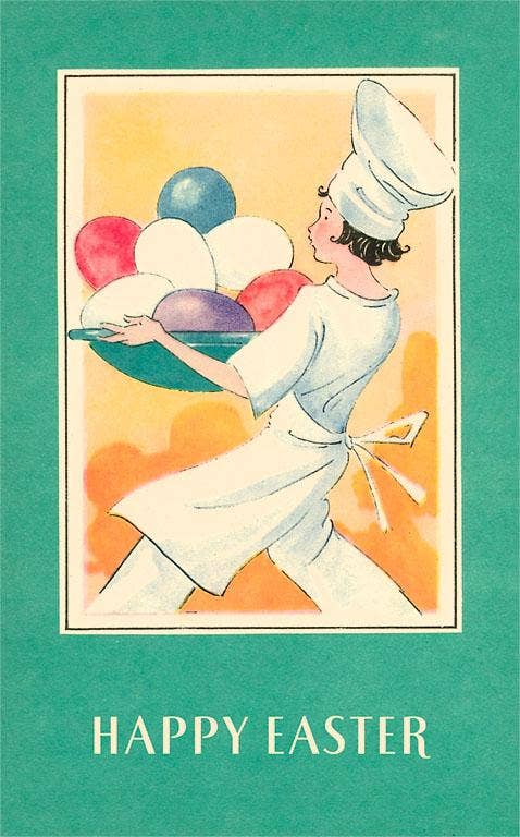 Sous Chef Balancing Bowl of Huge Easter Eggs - Vintage Image, Postcard